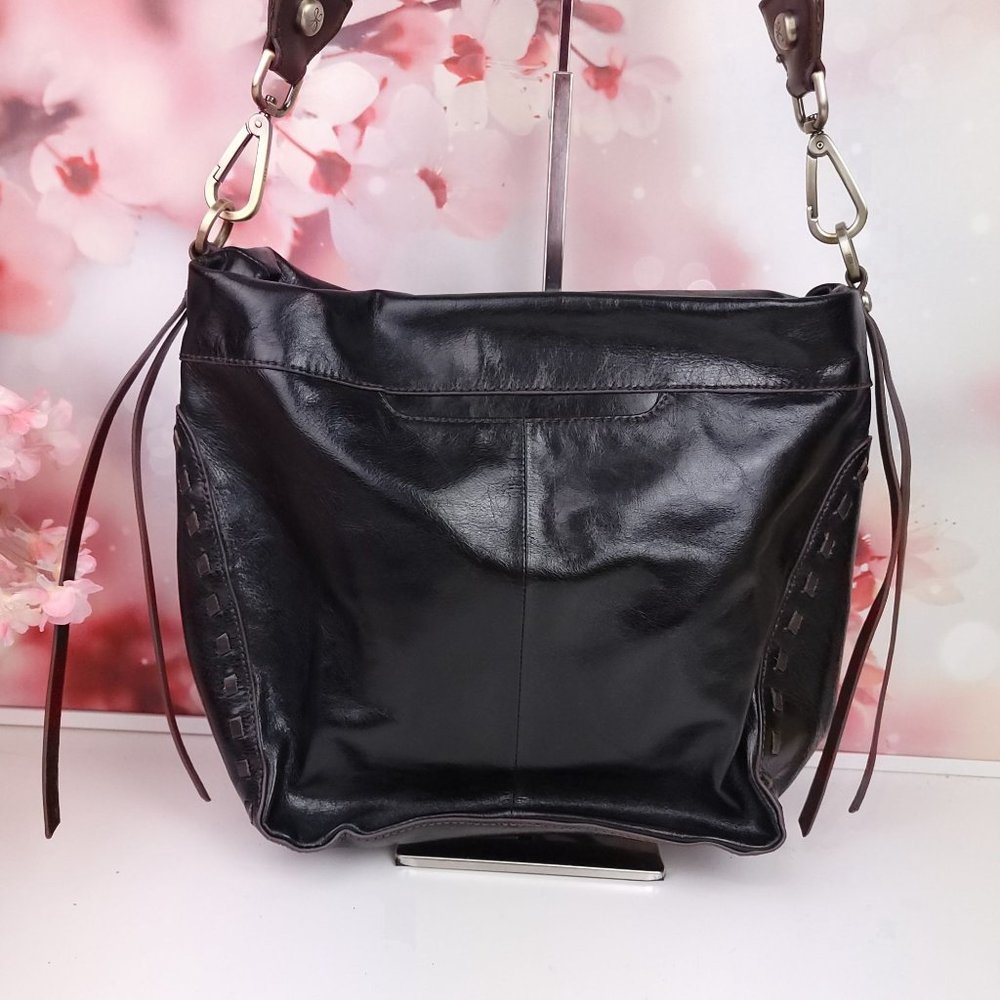 Hobo Leather Bag Black Shoulder Boho Glossy Zipper Purse